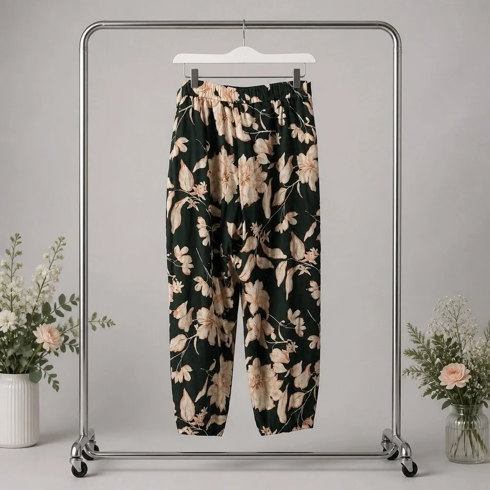 Mango MNG Floral Linen Blend Tapered Pants Green Peach XL High Waist Trousers